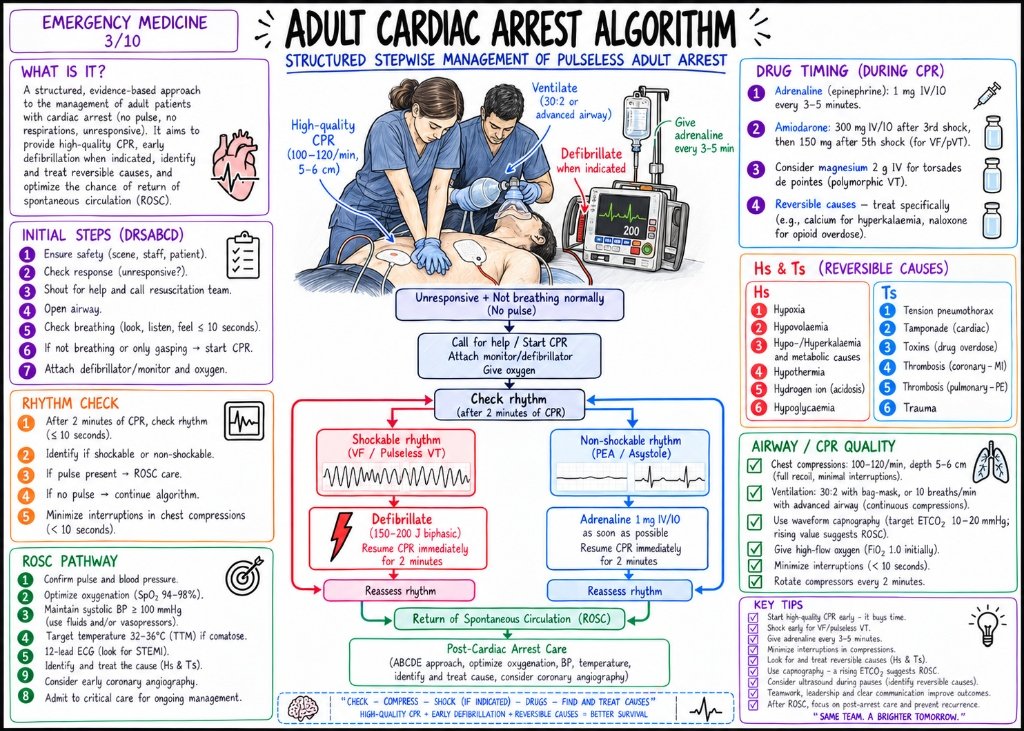 06/10 Adult Cardiac Arrest Algorithm: Stepwise Management of Pulseless Arrest